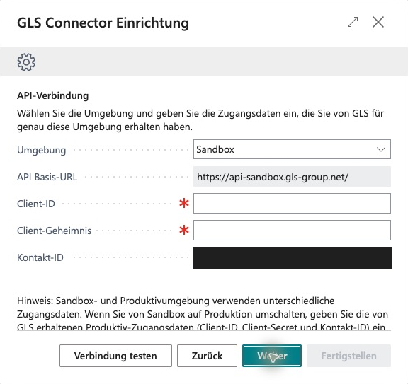 API Connection page in the German user interface with Environment set to Sandbox, the API Base URL, empty Client ID and Client Secret fields, and a redacted Contact ID.