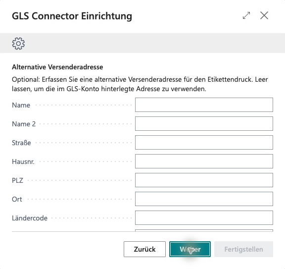Upper part of the optional alternative shipper address in the German user interface, with empty input fields for name and address.
