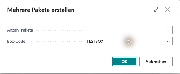 Create Multiple Packages dialog opened from Smart Packing, with Box Code TESTBOX and a displayed count of 1