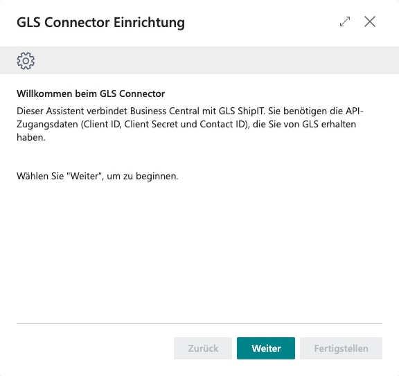 Welcome page of the GLS Connector wizard in the German user interface, with the „Weiter“ (Next) button.