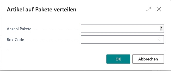 Distribute Items to Packages dialog with Number of Packages set to 2 and an empty Box Code
