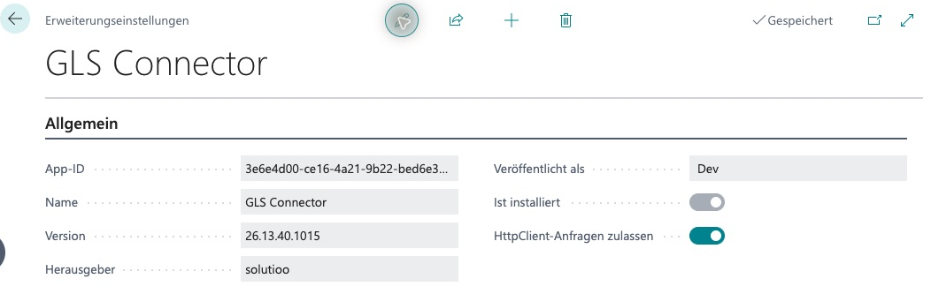 GLS extension settings in the German user interface, showing version 26.13.40.1015 and the „HttpClient-Anfragen zulassen“ (Allow HttpClient Requests) toggle switched on.