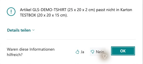 Error message: GLS-DEMO-TSHIRT at 25 × 20 × 2 cm does not fit TESTBOX at 20 × 20 × 15 cm