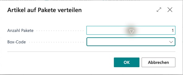Distribute Items to Packages dialog with Number of Packages set to 1 and an empty Box Code