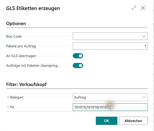 GLS Generate Labels: Box Code empty, Packages per Order 1, Transmit to GLS and Skip Orders with Packages on, No. filter 101015|101016|101017